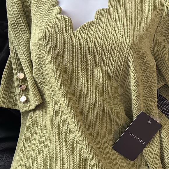 Elegant Avocado Green Scallop Edge Cocktail Blouse with Puff Sleeve  Size XL - Picture 6 of 12